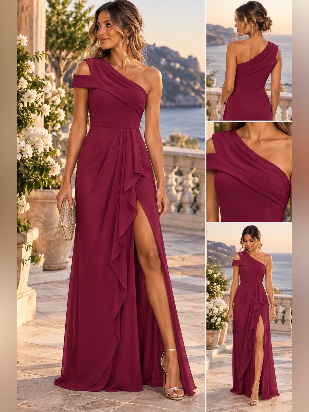 JJ’s House Ralitsa Mulberry One Shoulder Formal Maxi Dress Size 8 Ruffle Slit